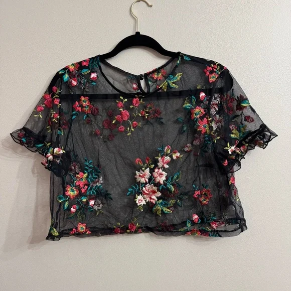 Floral Embroidered Sheer Black Top | Women’s Size Large - Picture 1 of 7